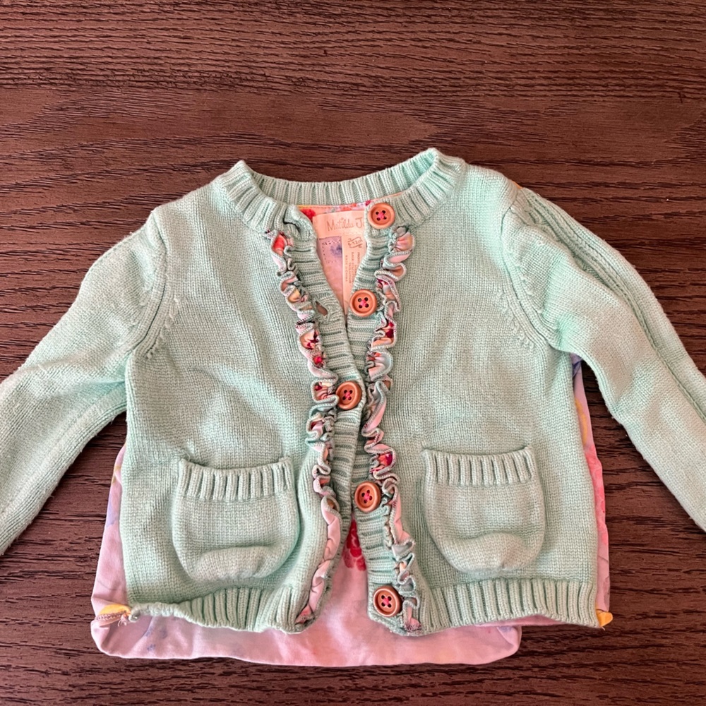 Matilda Jane Mint Cardigan with Coral Buttons and Ruffle Trim